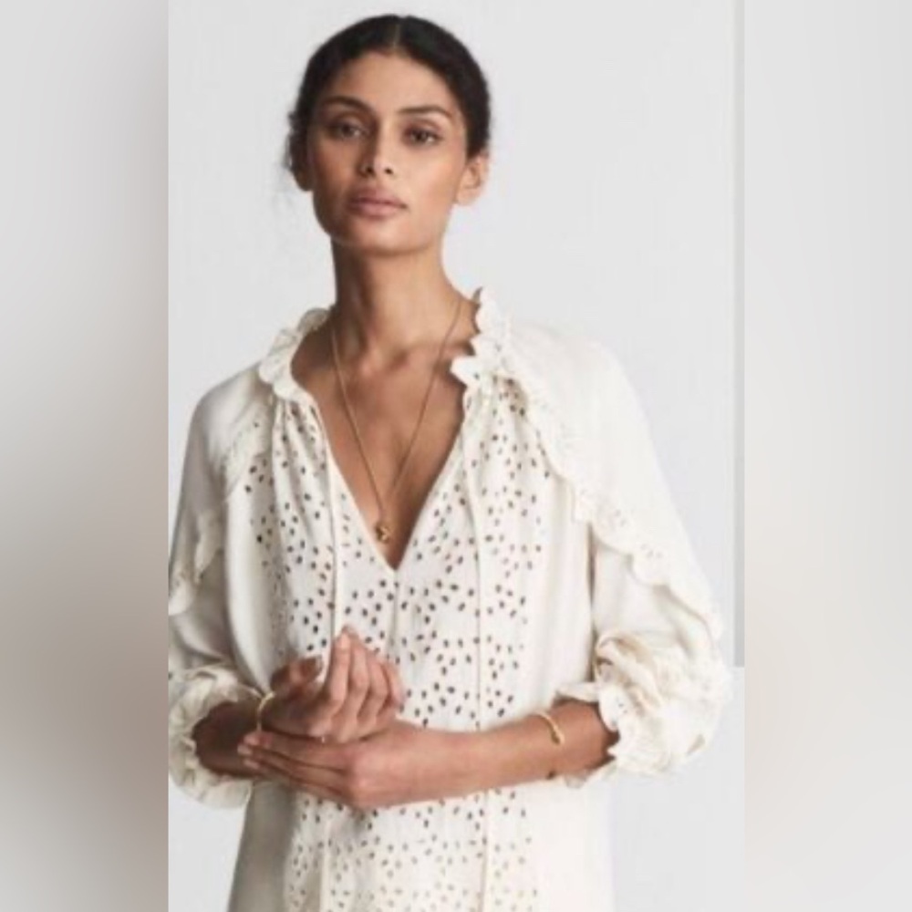REISS cream long sleeve ruffle frill blouse shirt top, size 4